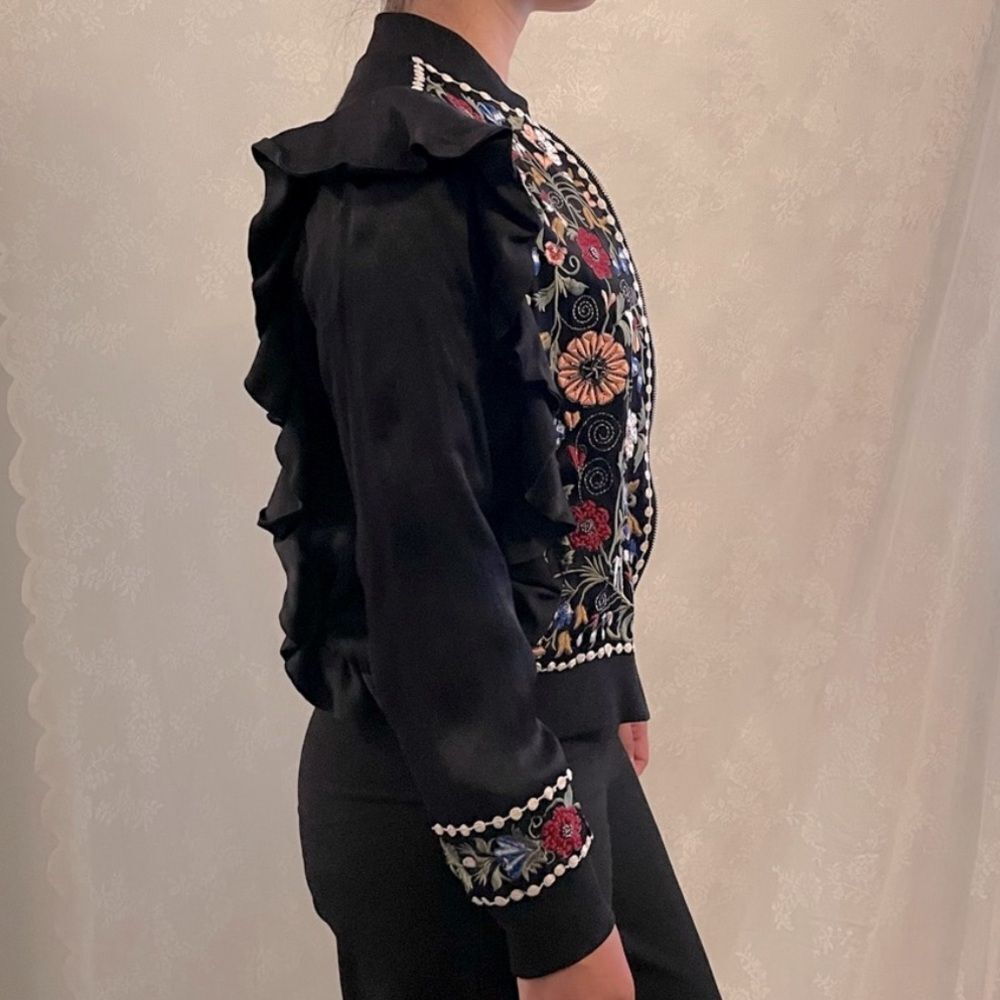 Zara viscose/cotton Floral Embroidered Black bomber Jacket, S - Picture 2 of 12
